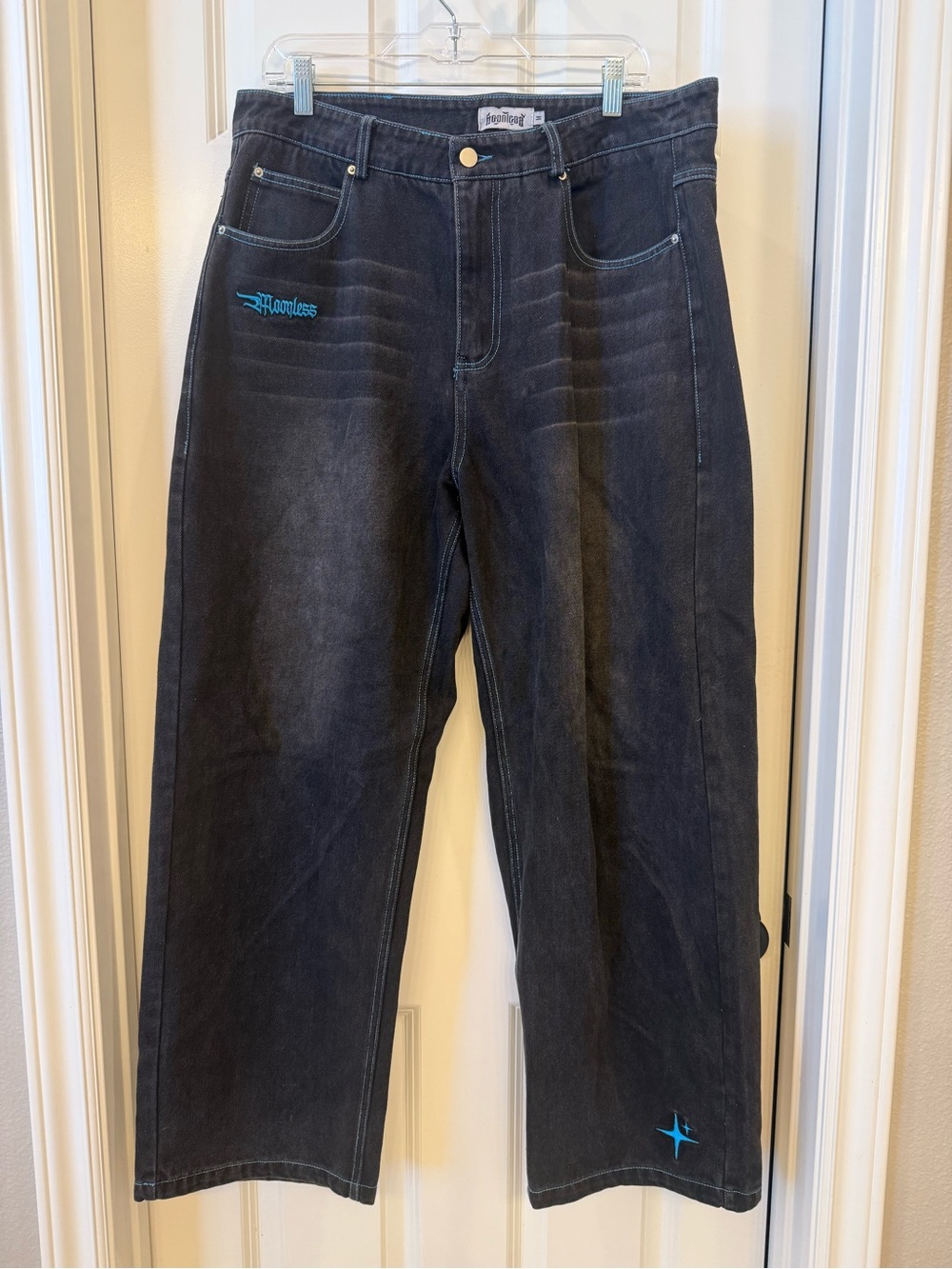 Moonless Y2K style Black Relaxed Jeans with Blue Embroidery